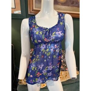 Garage Blue Floral Empire‎ Waist Babydoll Top Sheer Sleeveless Blouse Large